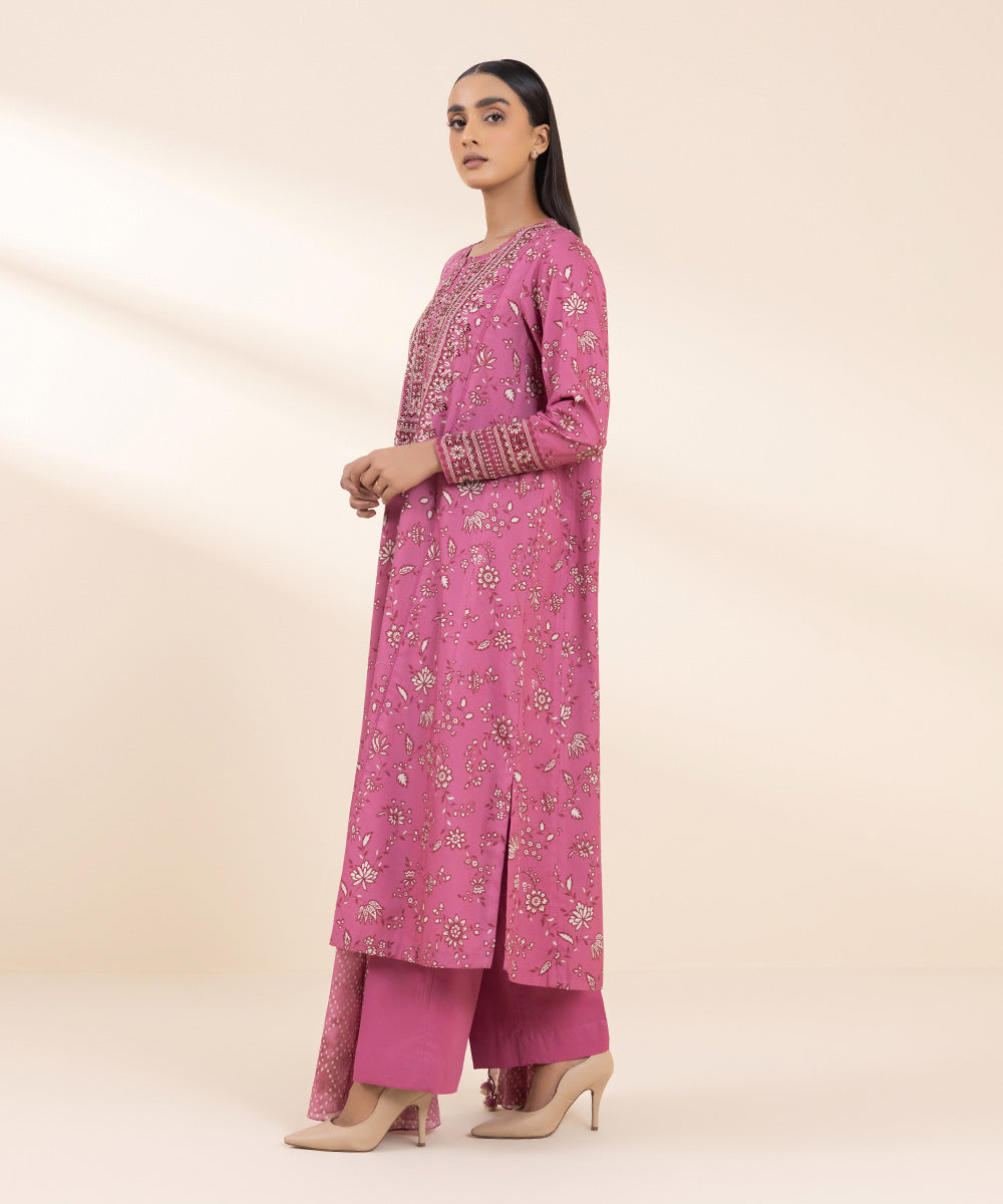 Women's Unstitched Embroidered Magenta Cambric Three Piece Suit