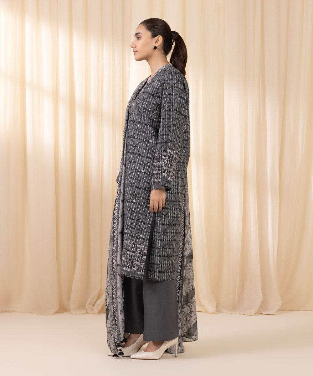 Women's Unstitched Embroidered Gray Cambric Three Piece Suit