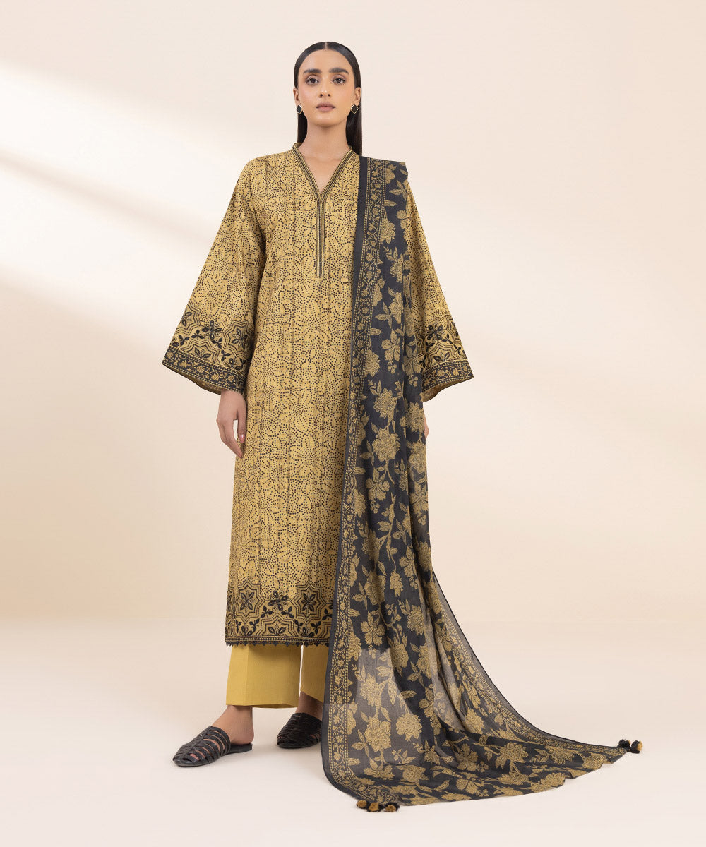 Women's Unstitched Embroidered Dijon Yellow Cambric Three Piece Suit