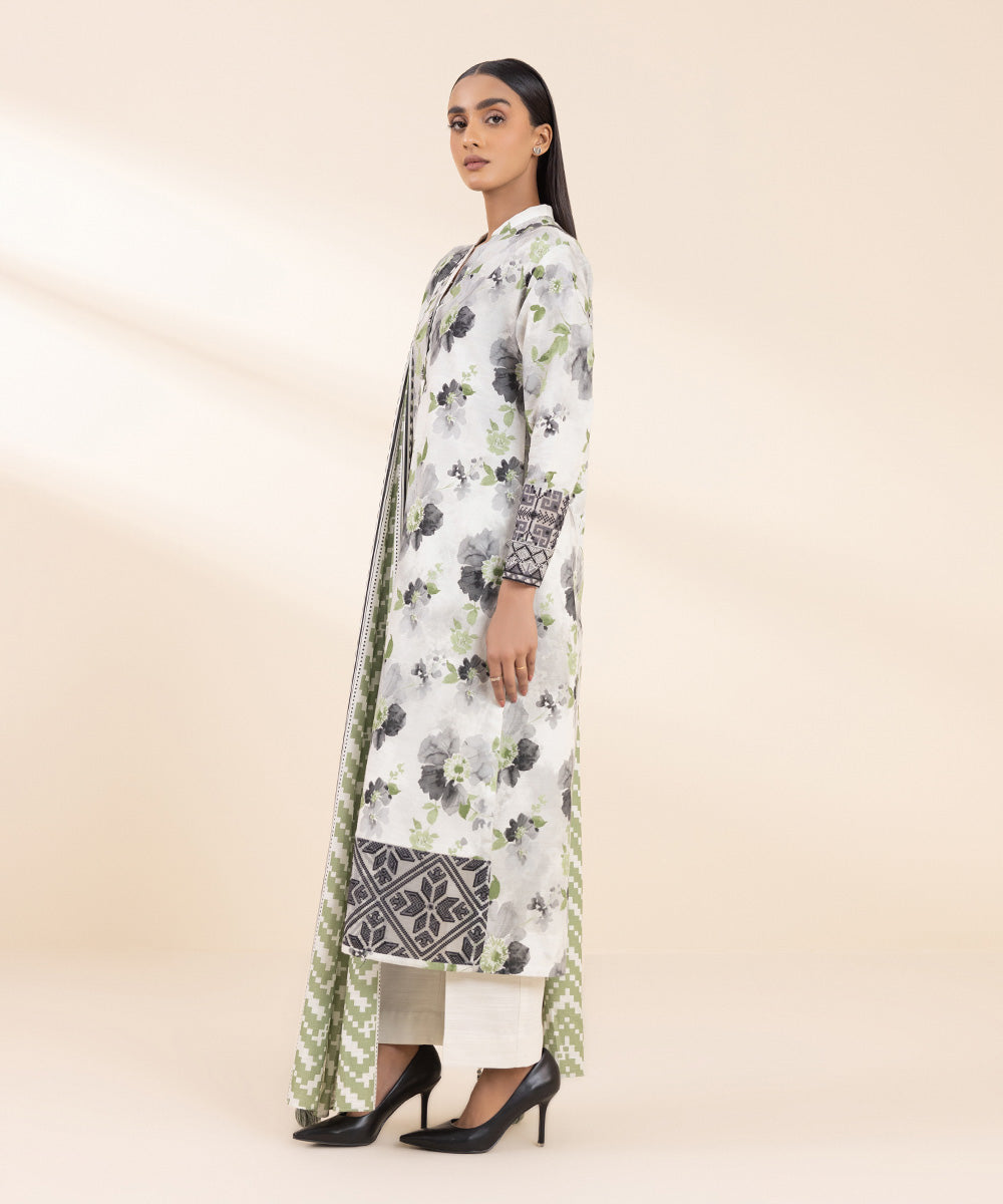 Women's Unstitched Embroidered Gray & Ivory Khaddar Three Piece Suit