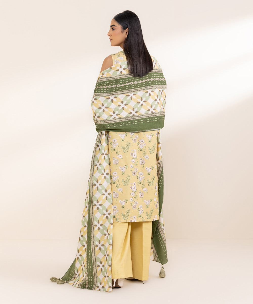 Women's Unstitched Embroidered Pale Yellow Khaddar Three Piece Suit