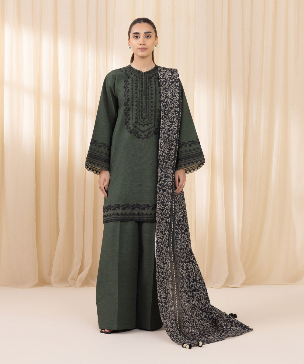 Women's Unstitched Embroidered Dark Green Khaddar Three Piece Suit