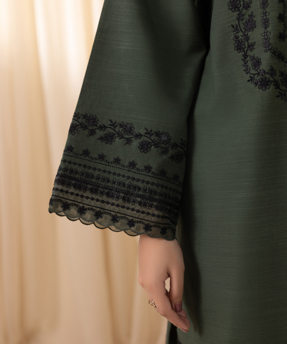 Women's Unstitched Embroidered Dark Green Khaddar Three Piece Suit