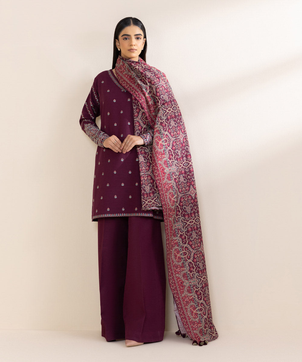 Women's Unstitched Embroidered Plum Khaddar Three Piece Suit