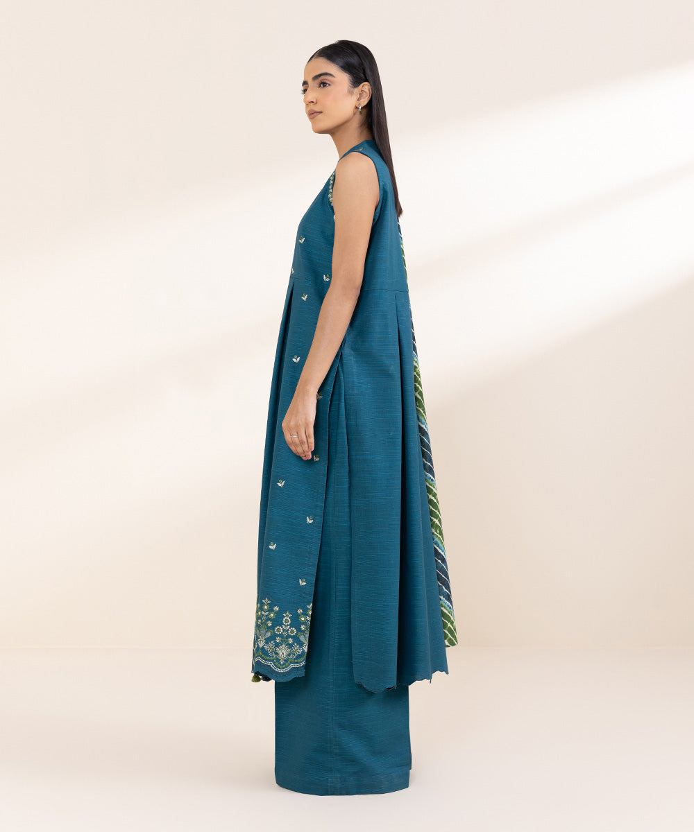 Women's Unstitched Embroidered Prussian Blue Khaddar Three Piece Suit