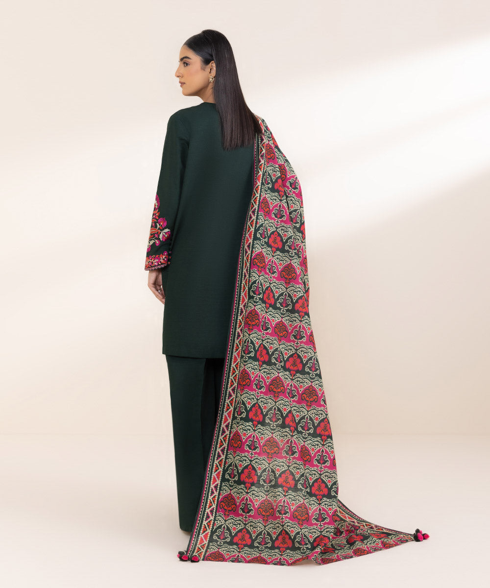 Women's Unstitched Embroidered Emerald Green Khaddar Three Piece Suit