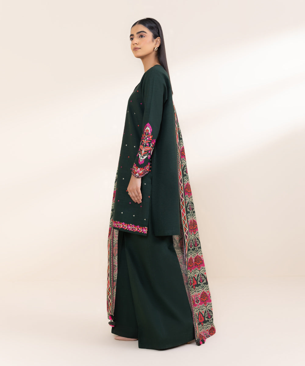 Women's Unstitched Embroidered Emerald Green Khaddar Three Piece Suit