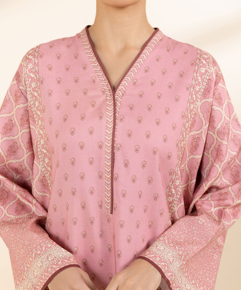 Women's Unstitched Linen Pink Printed 3 Piece Suit