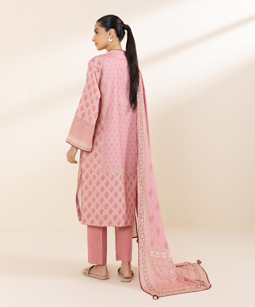 Women's Unstitched Linen Pink Printed 3 Piece Suit