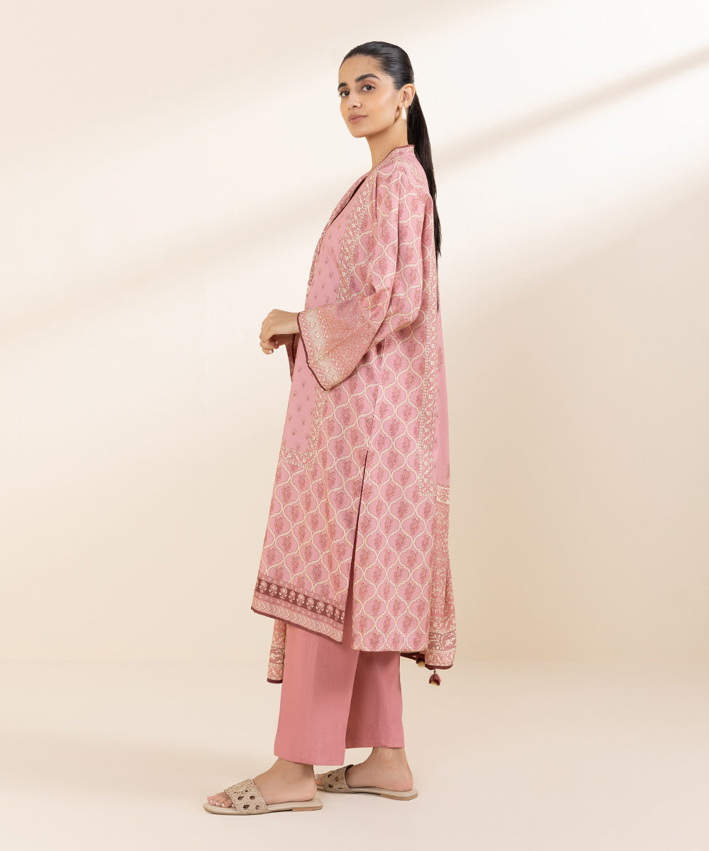 Women's Unstitched Linen Pink Printed 3 Piece Suit