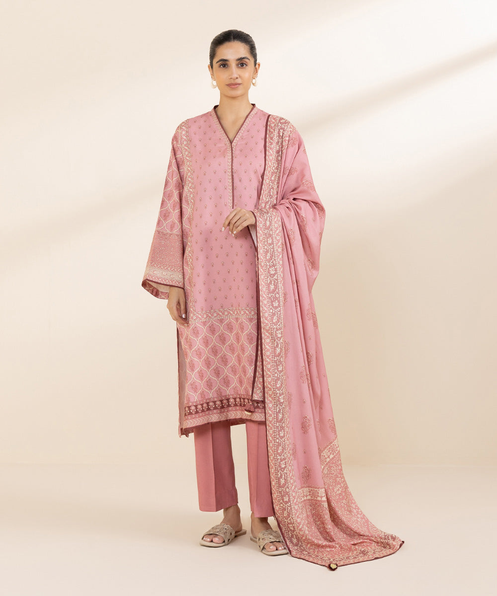 Women's Unstitched Linen Pink Printed 3 Piece Suit