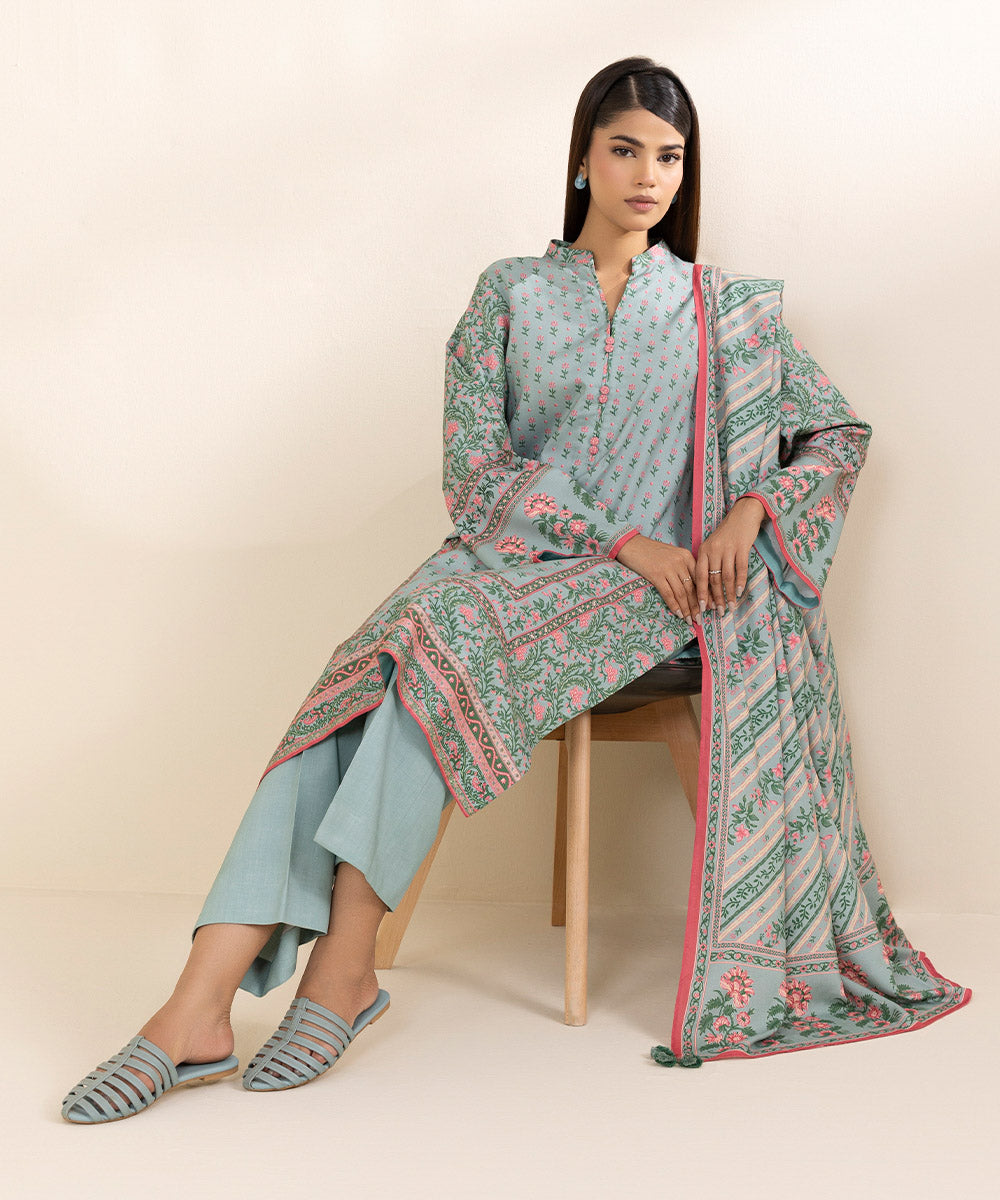 Women's Unstitched Linen Blue Printed 3 Piece Suit