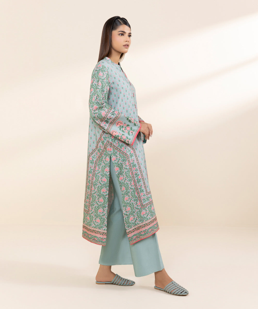 Women's Unstitched Linen Blue Printed 3 Piece Suit