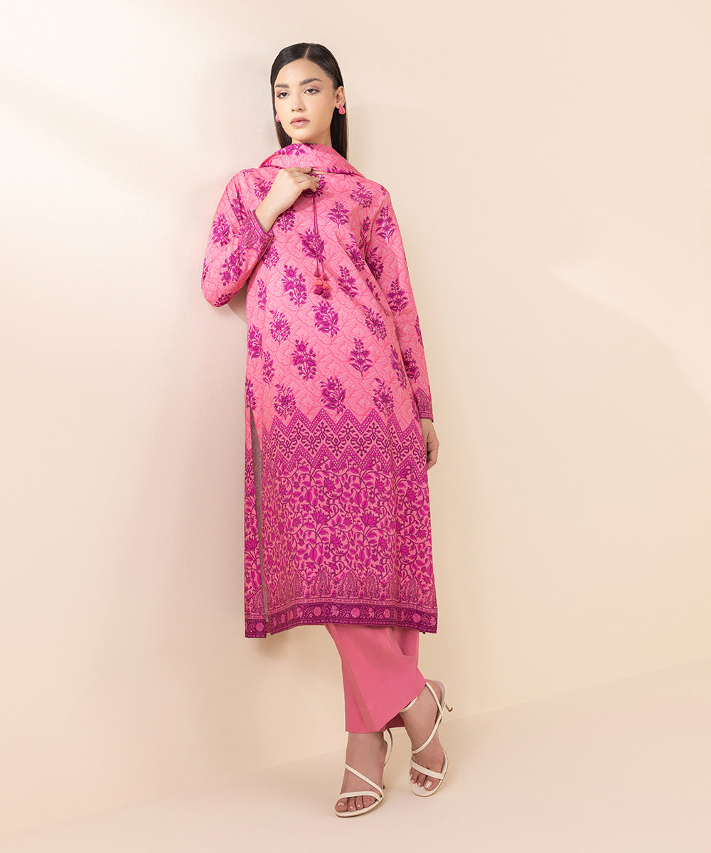 Women's Unstitched Linen Pink Printed 3 Piece Suit