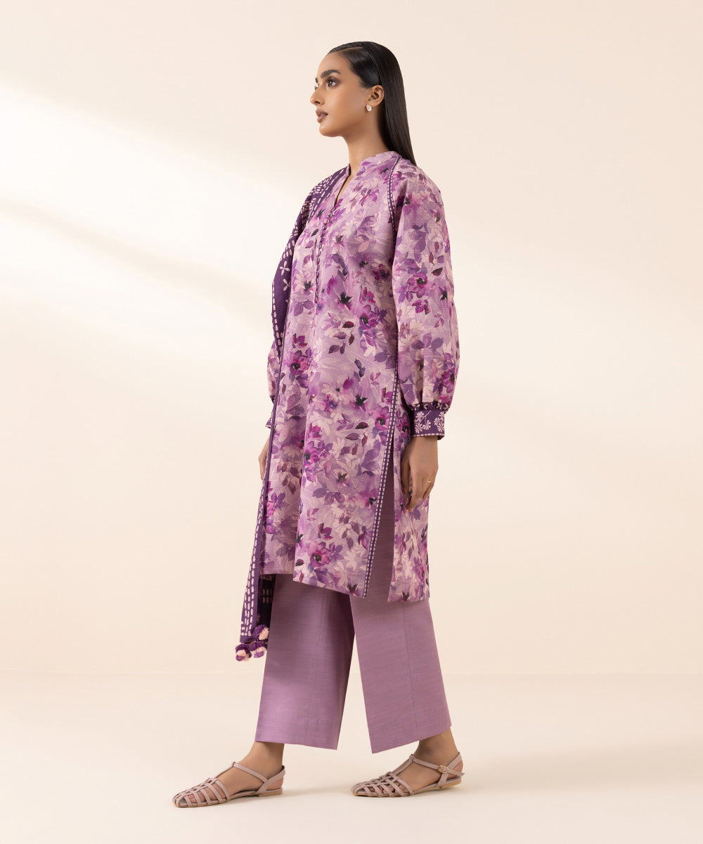 Women's Unstitched Light Khaddar Purple Printed 3 Piece Suit