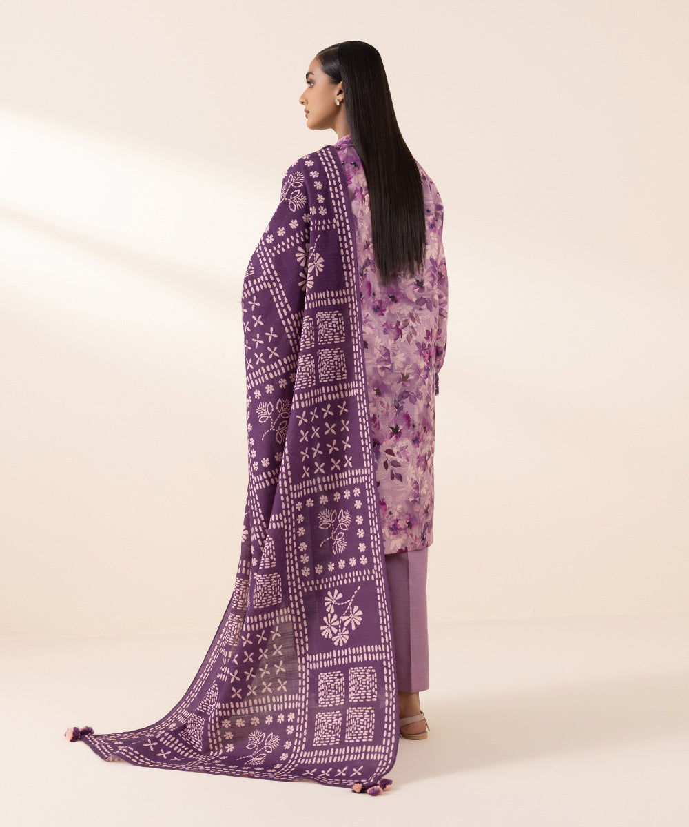 Women's Unstitched Light Khaddar Purple Printed 3 Piece Suit