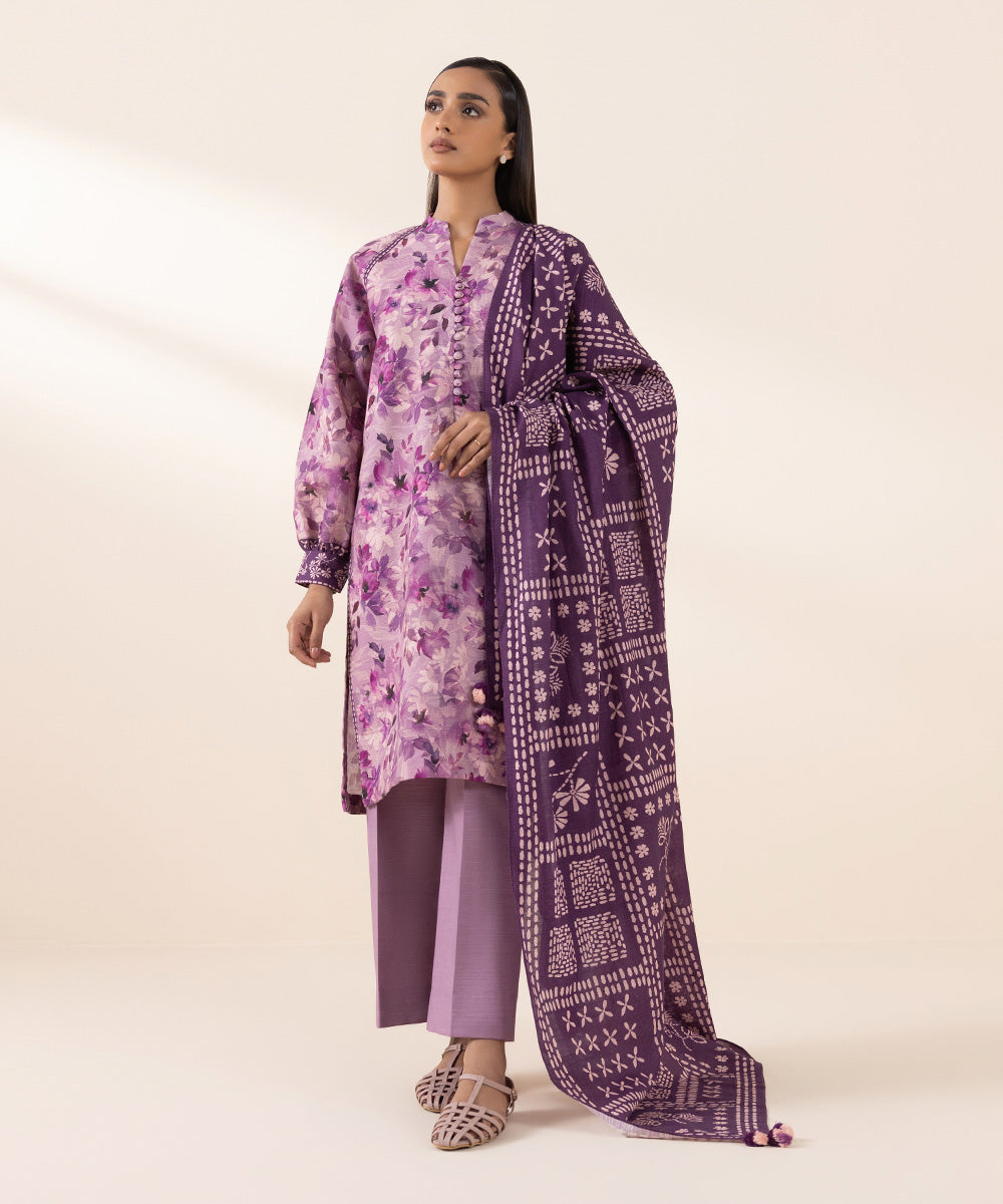 Women's Unstitched Light Khaddar Purple Printed 3 Piece Suit