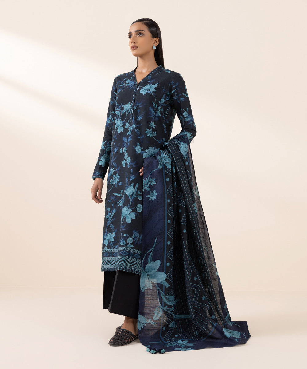 Women's Unstitched Khaddar Blue Printed 3 Piece Suit