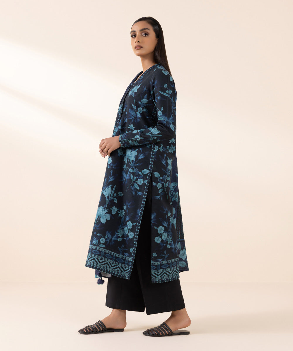 Women's Unstitched Khaddar Blue Printed 3 Piece Suit