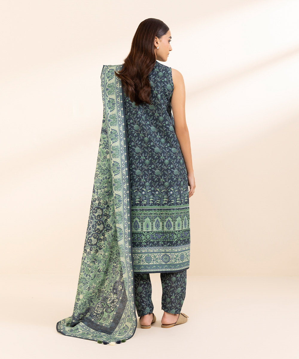 Women's Unstitched Khaddar Printed Blue 3 Piece Suit