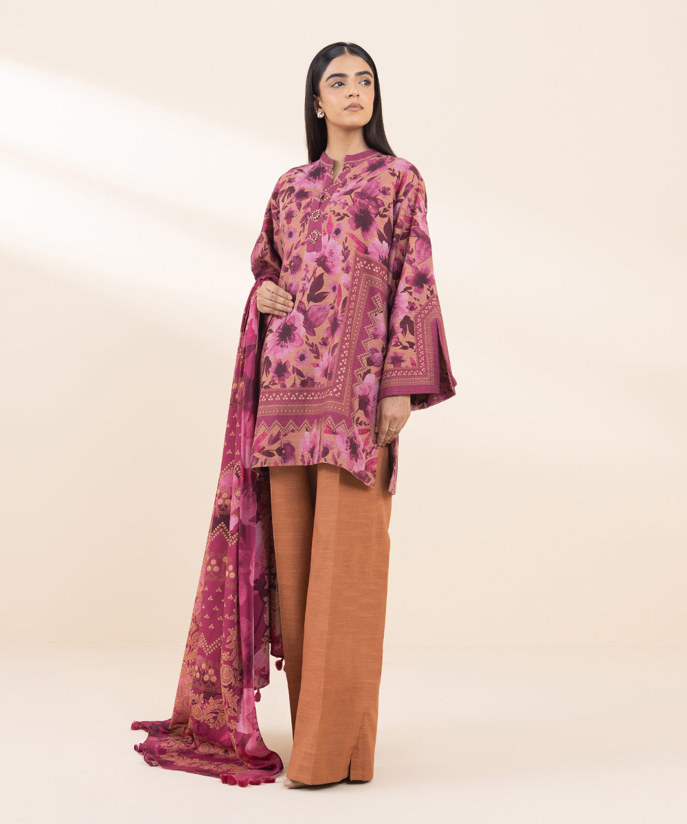 Women's Unstitched Khaddar Printed Pink 3 Piece Suit