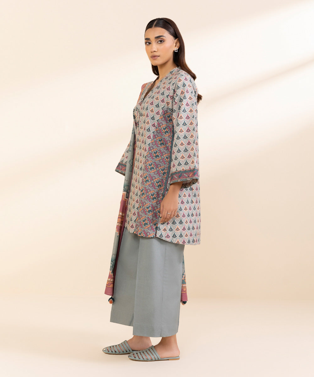 Women's Unstitched Cotton Jacquard Printed Multi 3 Piece Suit