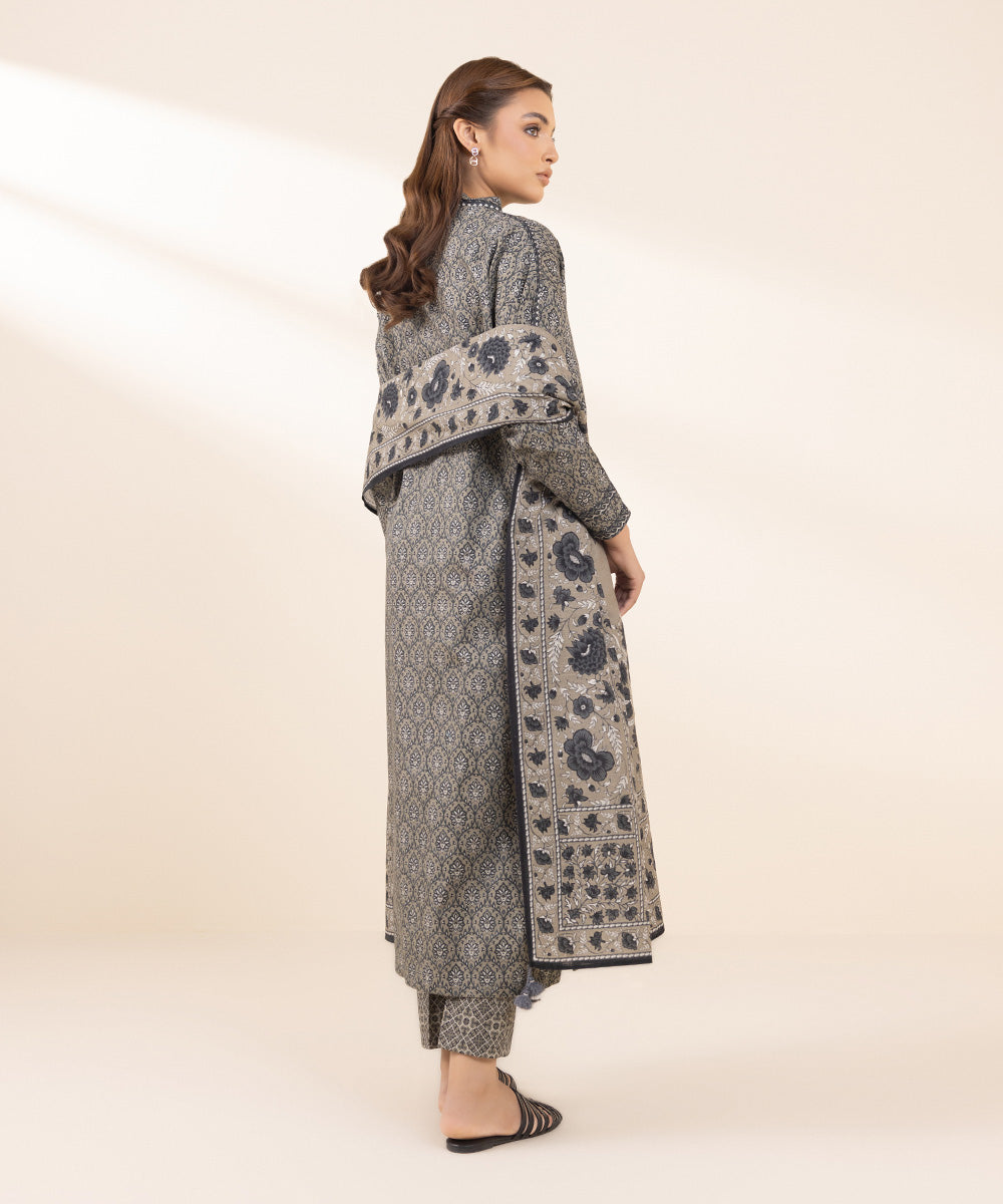 Women's Unstitched Cotton Jacquard Printed Grey 3 Piece Suit