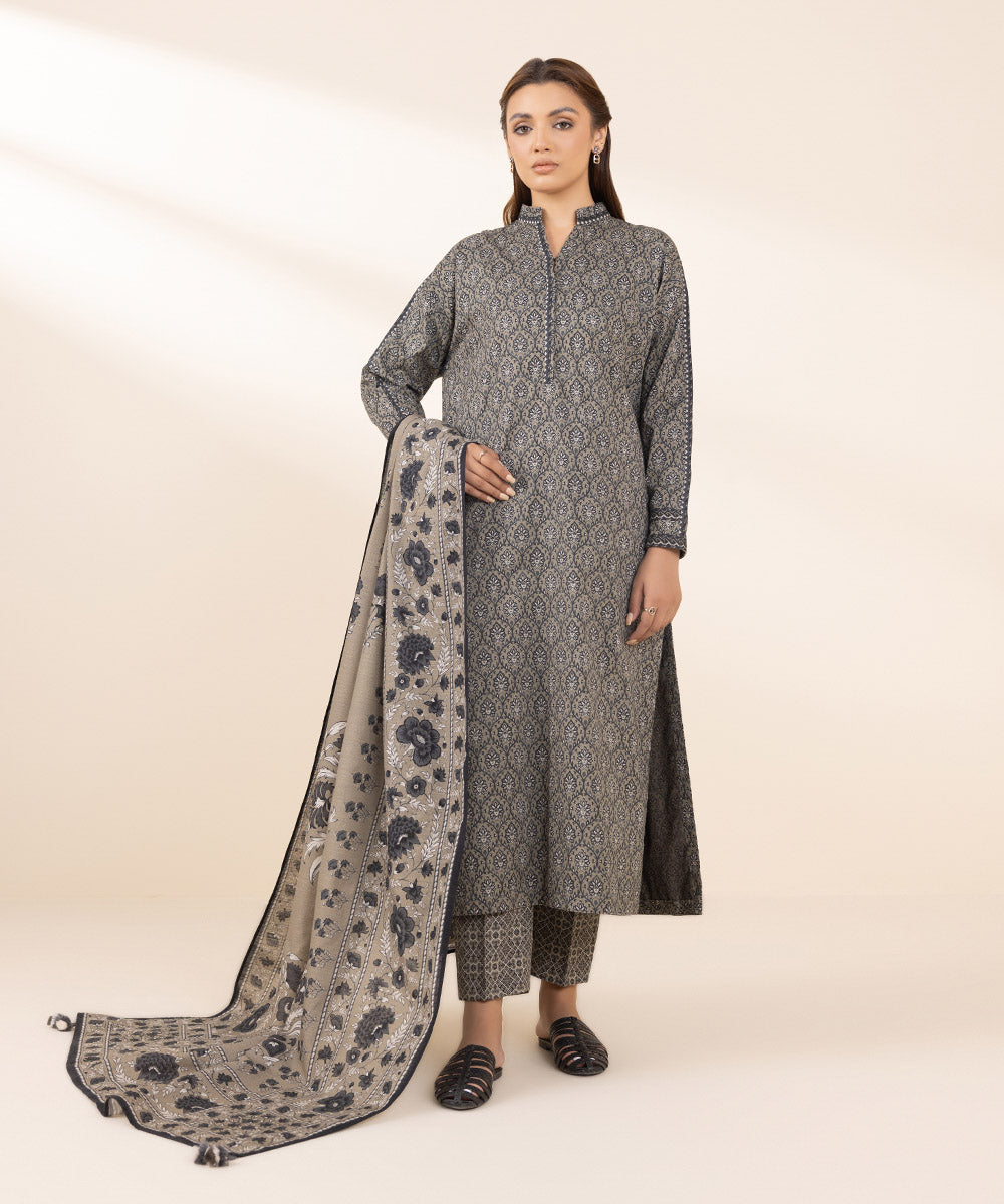 Women's Unstitched Cotton Jacquard Printed Grey 3 Piece Suit