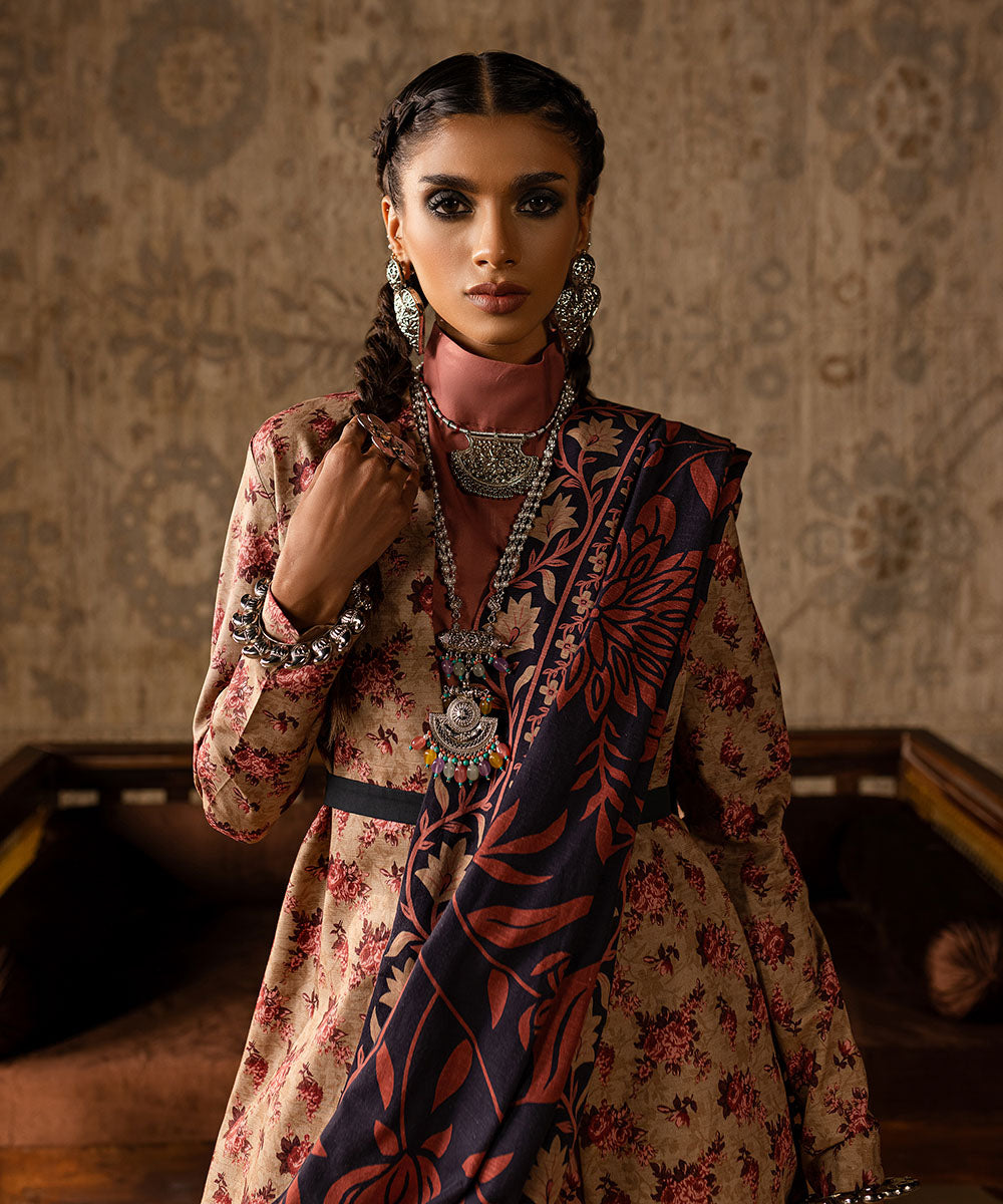 Women's Unstitched Khaddar Printed Multi 3 Piece Suit