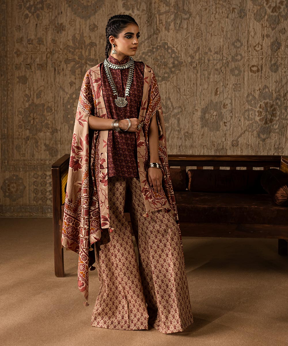 Women's Unstitched Khaddar Printed Red 3 Piece Suit