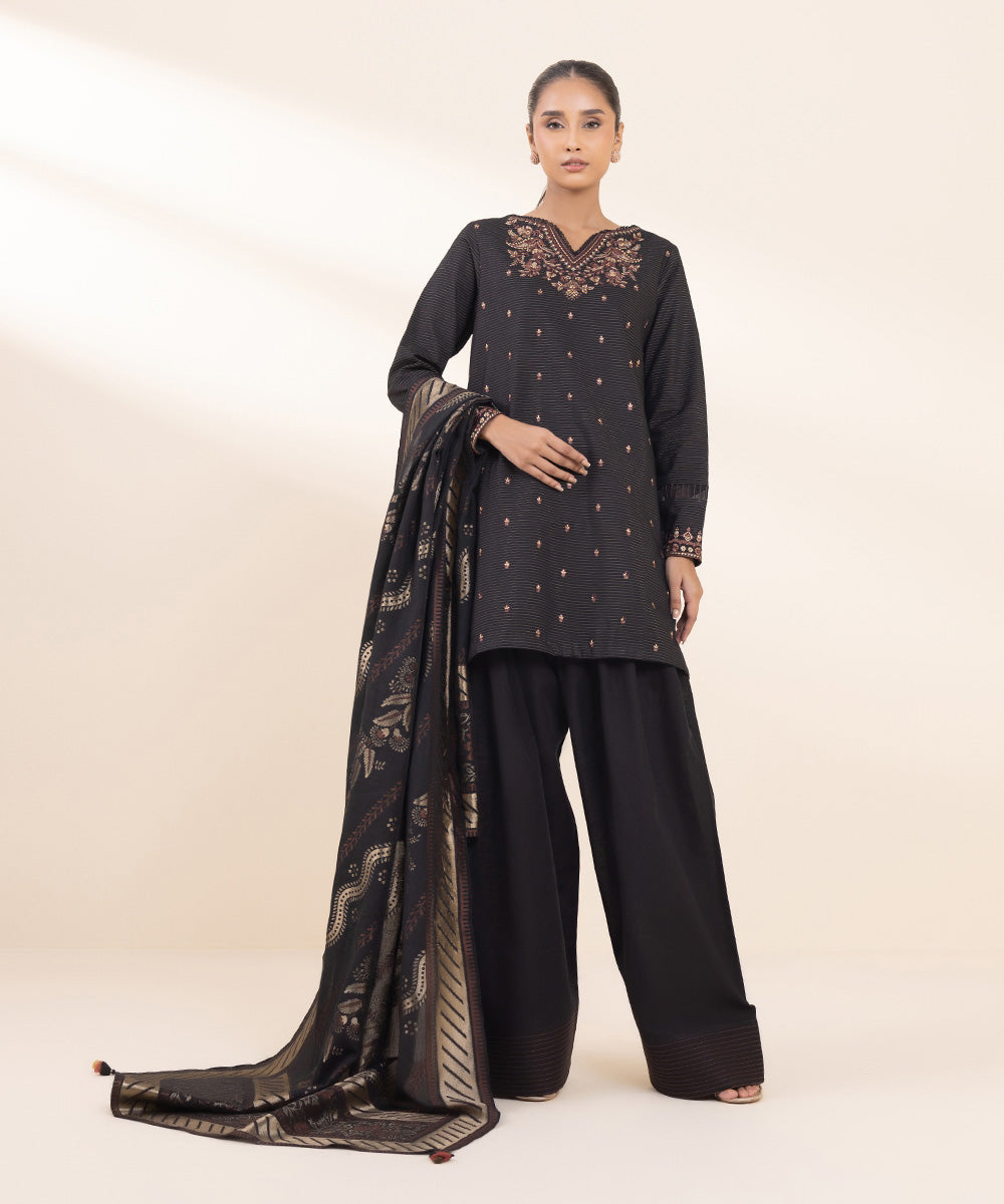 Women's Unstitched Zari Khaddar Embroidered Black 3 Piece Suit