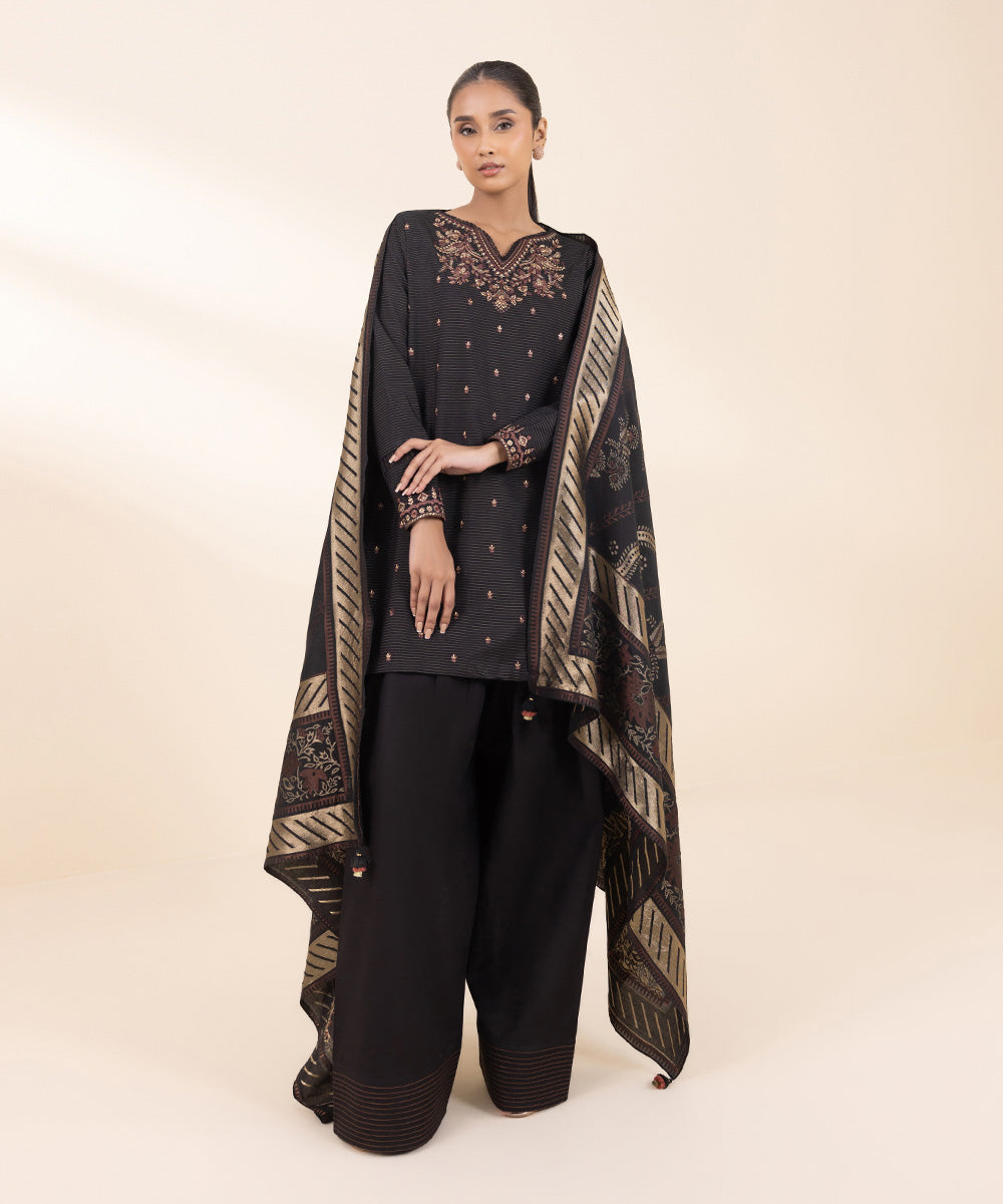 Women's Unstitched Zari Khaddar Embroidered Black 3 Piece Suit