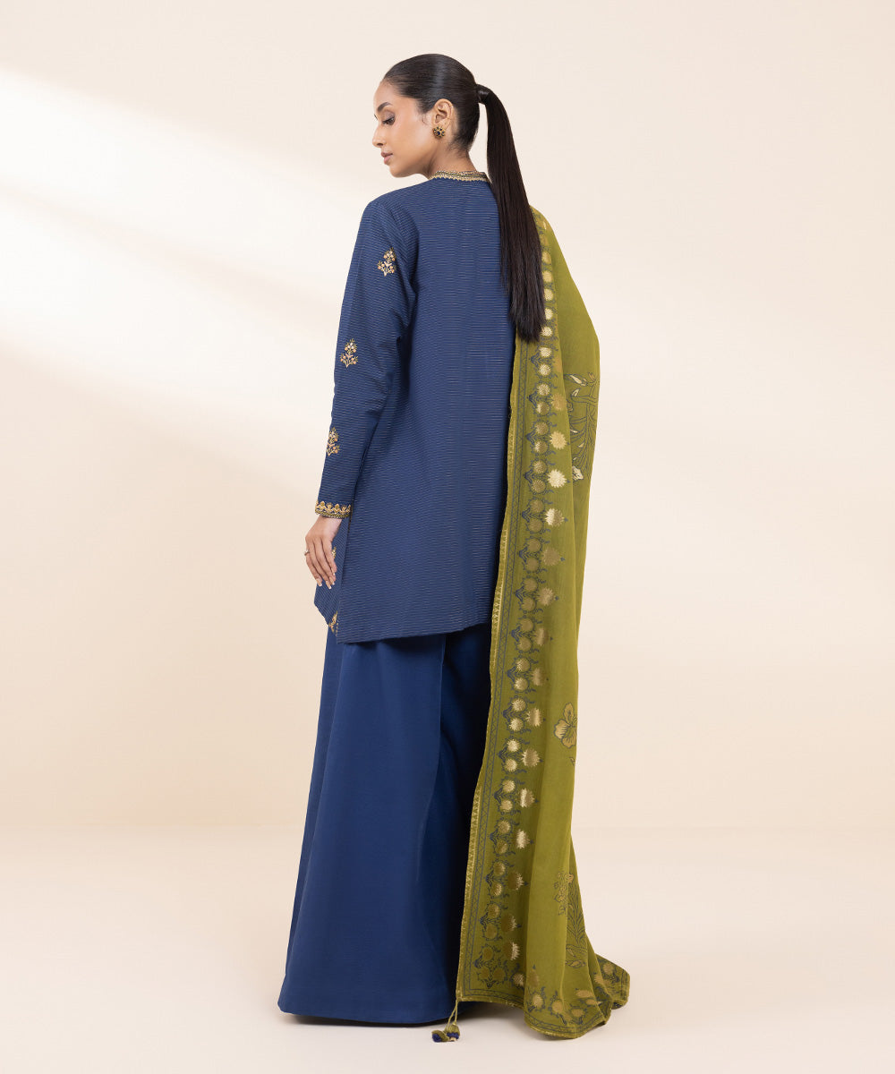 Women's Unstitched Zari Khaddar Embroidered Blue 3 Piece Suit