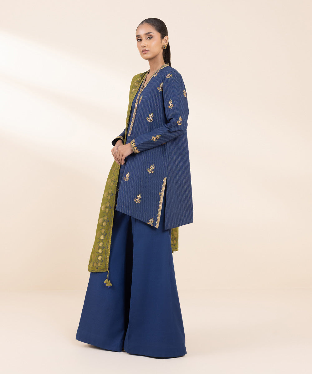 Women's Unstitched Zari Khaddar Embroidered Blue 3 Piece Suit