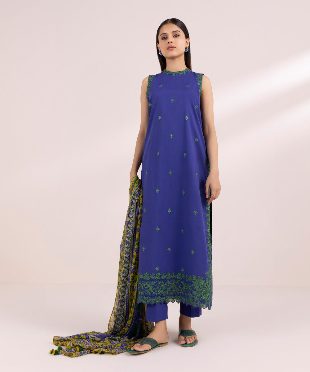 Women's Unstitched Lawn Blue Embroidered 3 Piece Suit