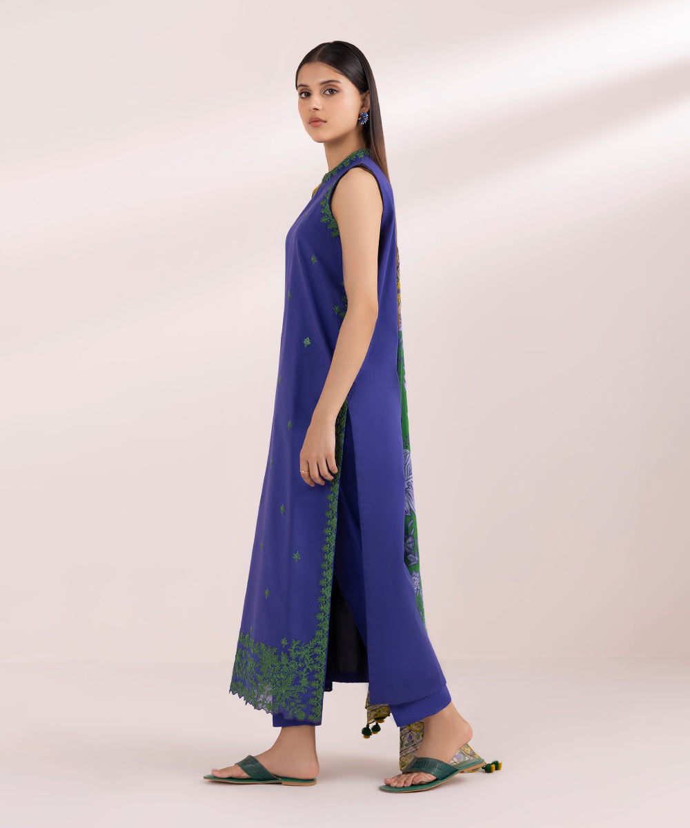 Women's Unstitched Lawn Blue Embroidered 3 Piece Suit