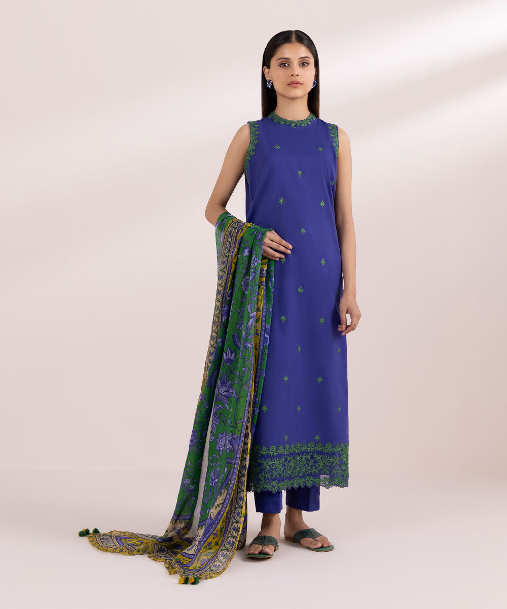 Women's Unstitched Lawn Blue Embroidered 3 Piece Suit