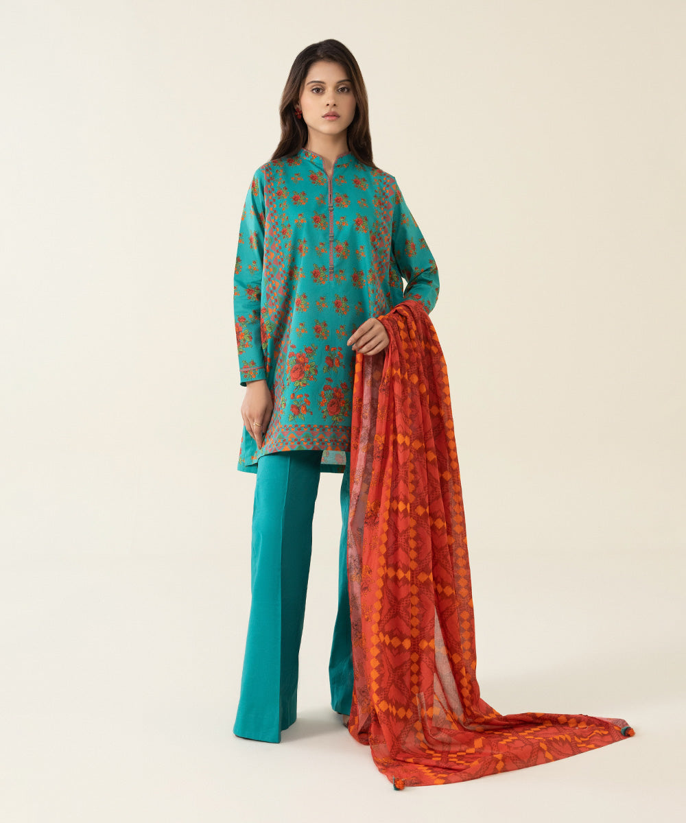 Unstitched Women's Printed Lawn Sea Green 3 Piece Suit