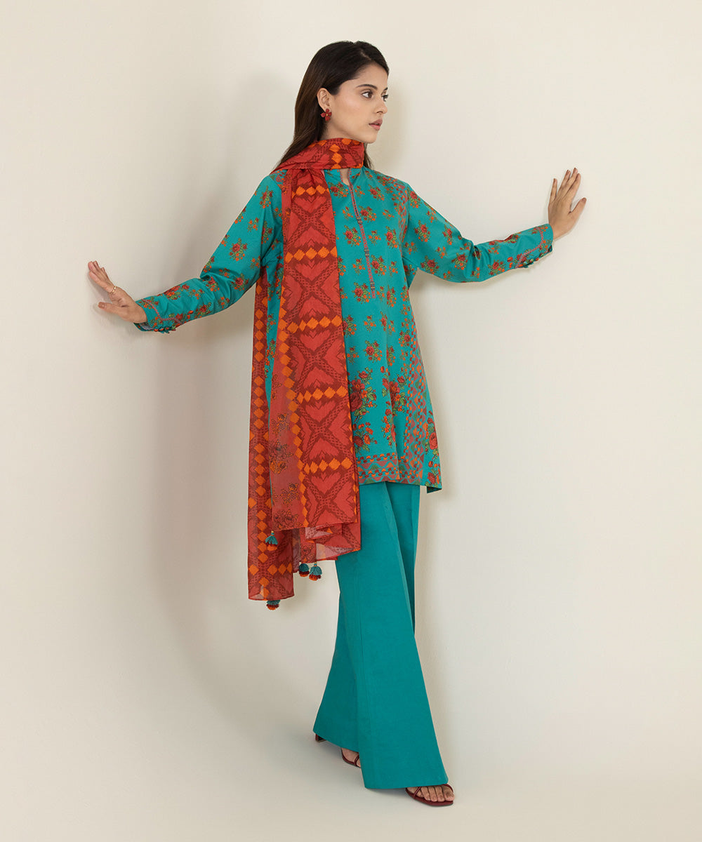 Unstitched Women's Printed Lawn Sea Green 3 Piece Suit