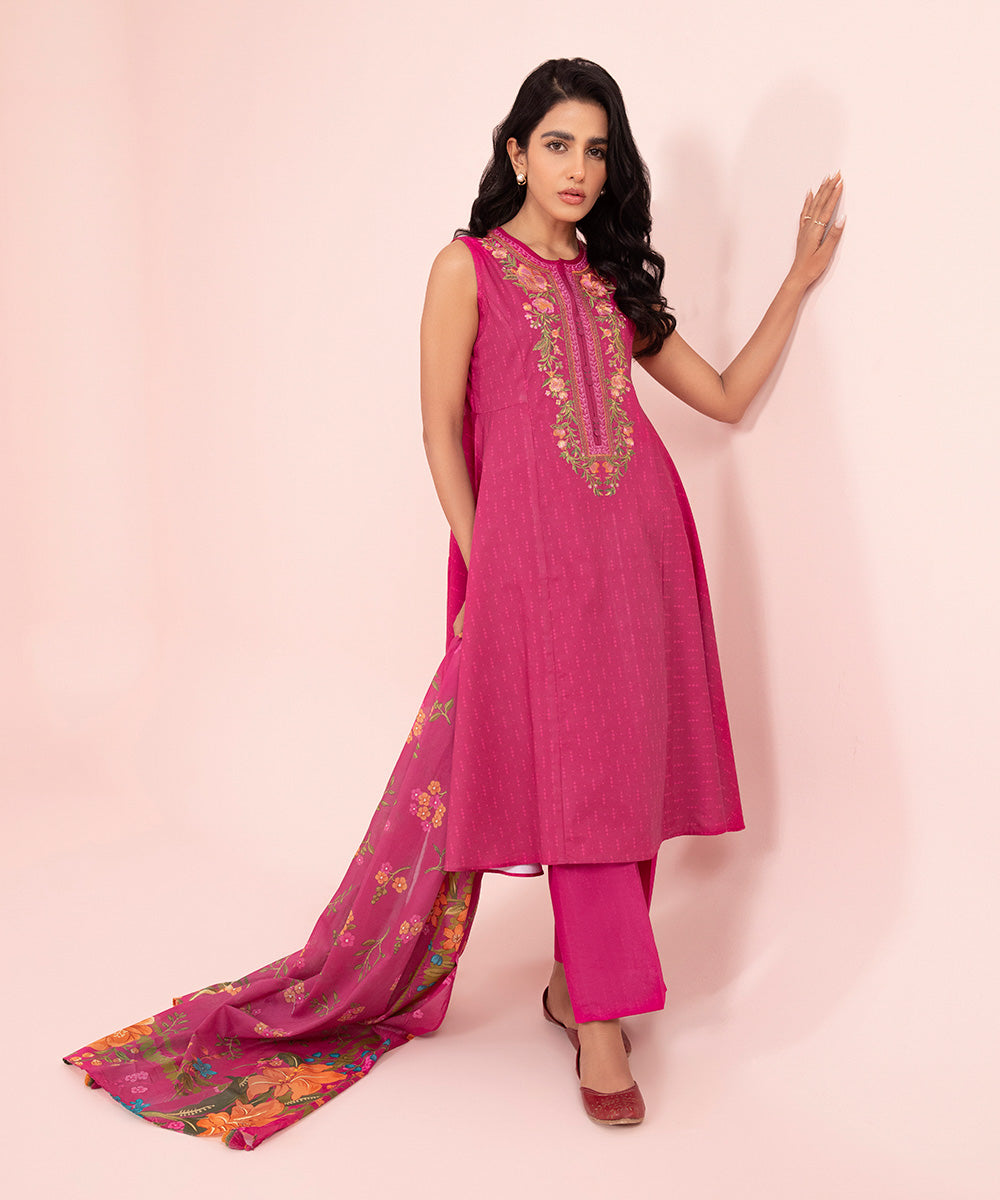 Women's Unstitched Embroidered Cambric Magenta Pink 3 Piece Suit