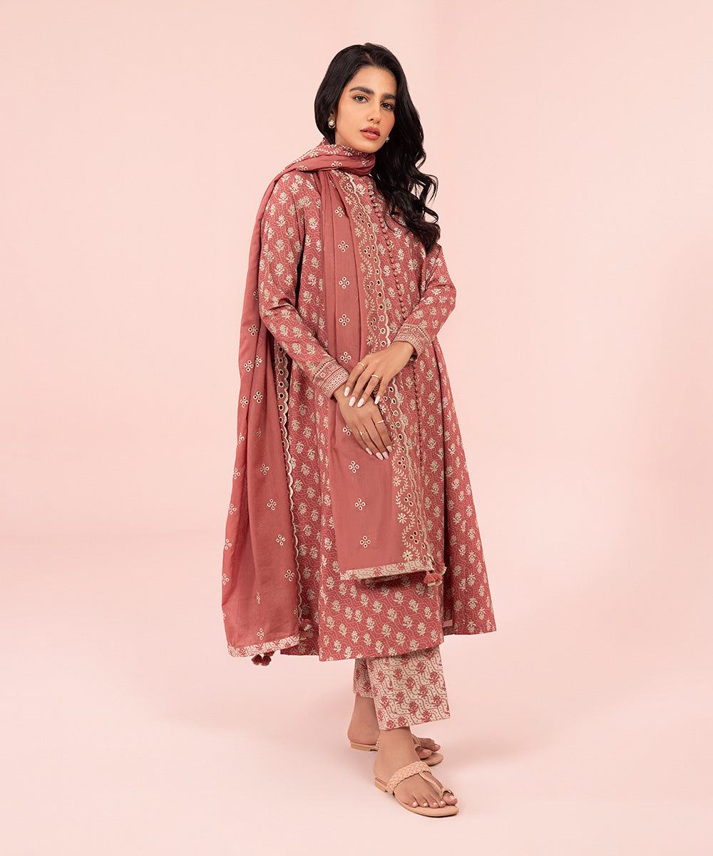 Women's Unstitched Embroidered Cambric Pink 3 Piece Suit