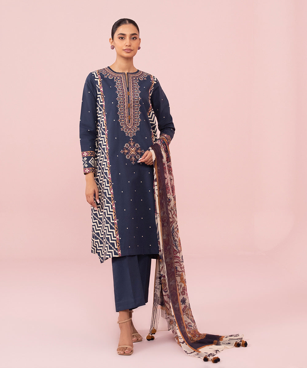 Women's Unstitched Embroidered Cambric Blue 3 Piece Suit