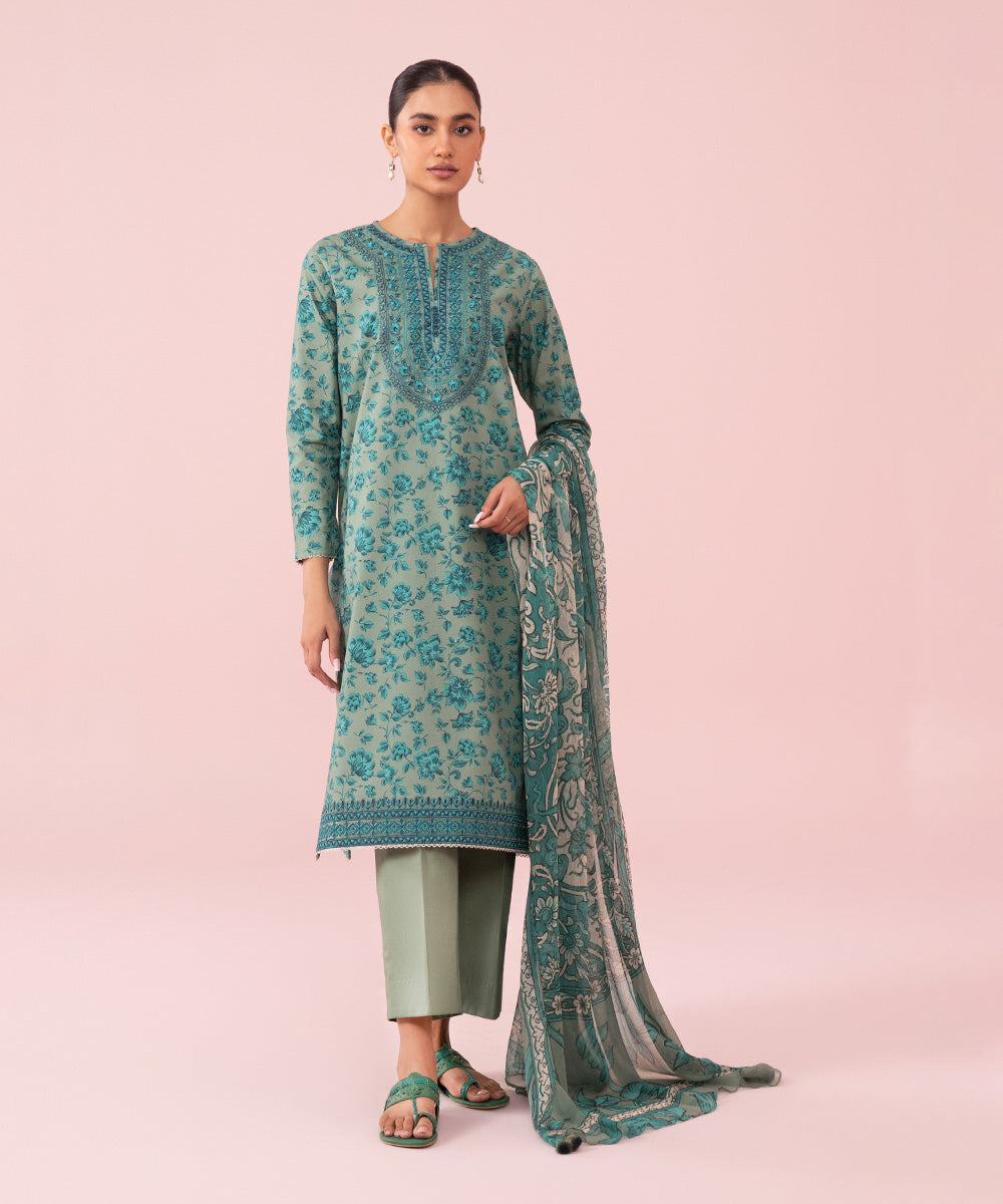 Women's Unstitched Embroidered Cambric Teal Grey 3 Piece Suit