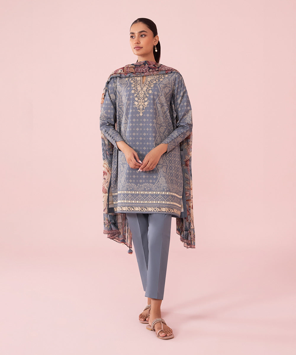 Women's Unstitched Embroidered Cambric Bluish Grey 3 Piece Suit