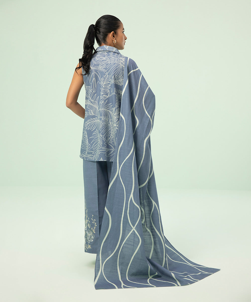 Women's Winter Unstitched Light Khaddar Blue 3 Piece Suit