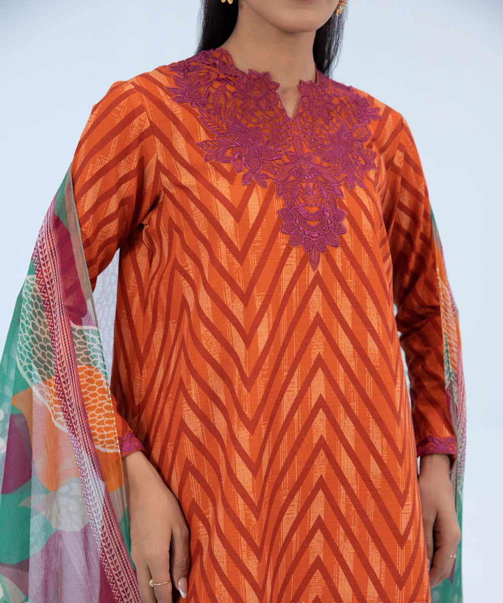 Women's Winter Unstitched Embroidered Khaddar Orange 3 Piece Suit