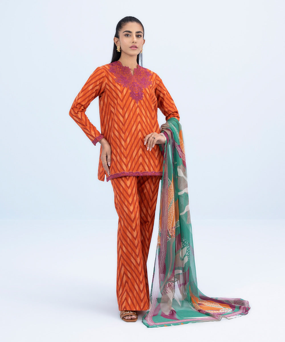 Women's Winter Unstitched Embroidered Khaddar Orange 3 Piece Suit