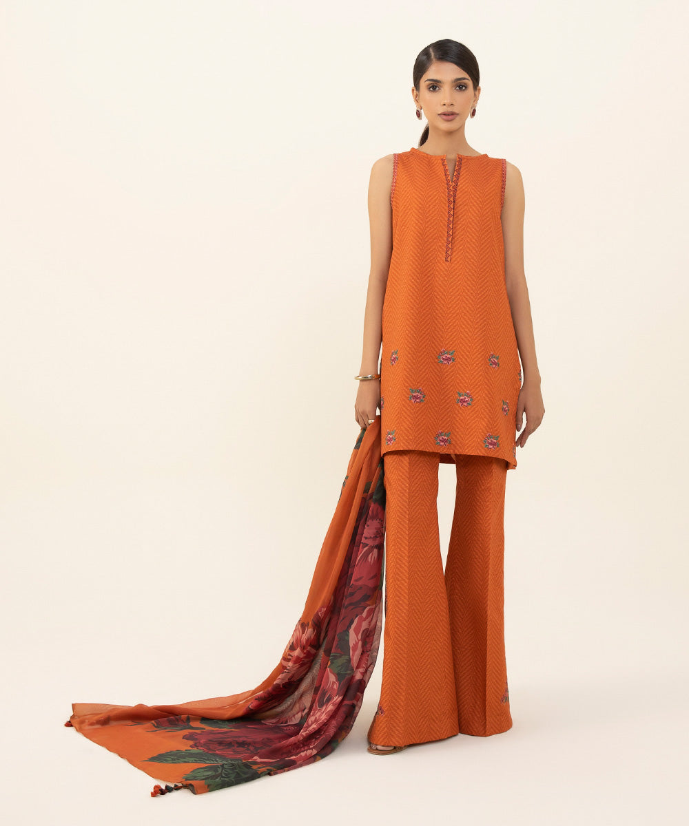 Women's Intermix Unstitched Cambric Orange 3 Piece Suit