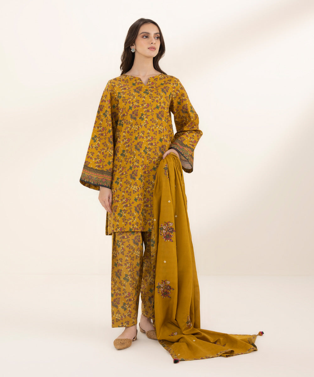Women's Unstitched Lawn Printed Embroidered Yellow 3 Piece Suit