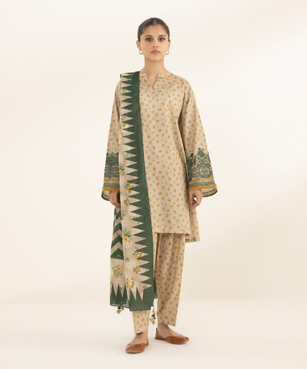 Women's Unstitched Lawn Printed Embroidered Beige 3 Piece Suit